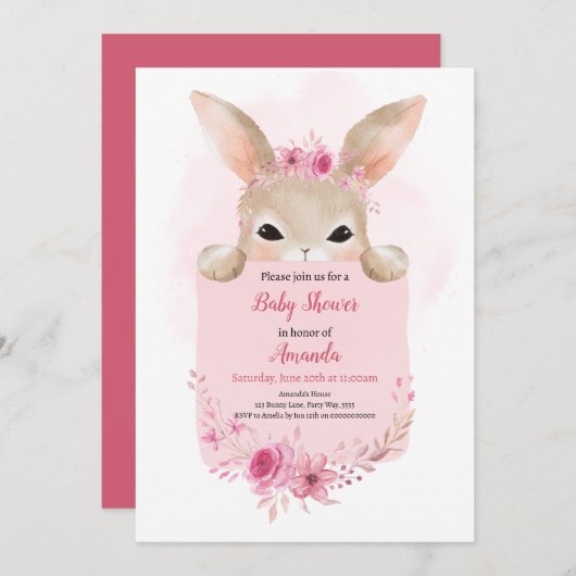 Invitation Fille Rabbit Baby shower Boho rose lapin Floral (Devant / Derrière)