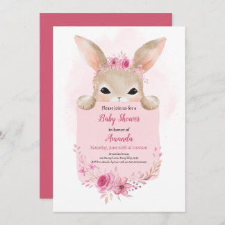 Invitation Fille Rabbit Baby shower Boho rose lapin Floral