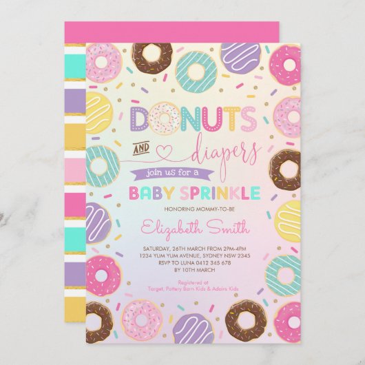 Invitation Fille Rainbow Donuts Diapeurs Baby Sprinkle Douche (Devant / Derrière)