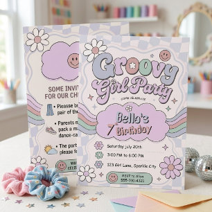 Invitation Fille Rétro Groovy Anniversaire 7 Ans Rose Violet