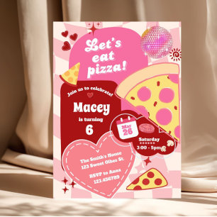 Invitation Fille Rétro Rose Soirée Pizza Disco Colorée
