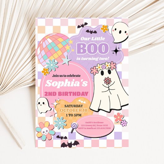 Invitation Fille Retro Super Petit Boo fête d'anniversaire