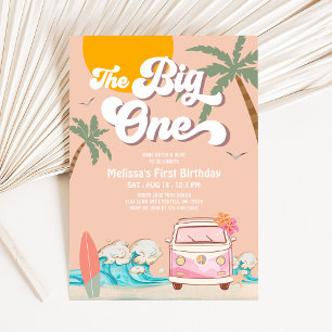 Invitation Fille Rétro The Big One Surf Fête d'anniversaire 1