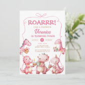 Invitation Fille ROAR T-Rex Dinosaur Bow rose fête d'annivers (Debout devant)