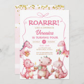 Invitation Fille ROAR T-Rex Dinosaur Bow rose fête d'annivers (Devant / Derrière)