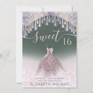 Invitation Fille robe chic goutte d'or rose glittery ombre i