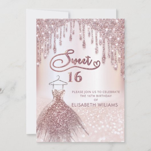 Invitation Fille robe chic goutte d'or rose glittery ombre i (Devant)