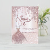 Invitation Fille robe chic goutte d'or rose glittery ombre i (Debout devant)