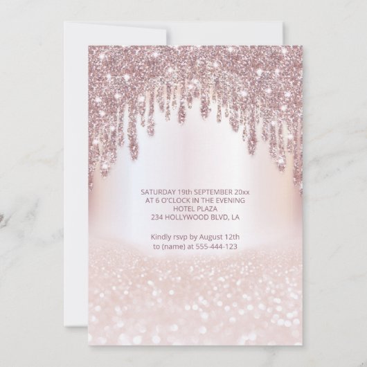 Invitation Fille robe chic goutte d'or rose glittery ombre i (Dos)