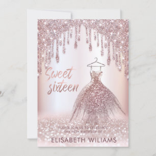 Invitation Fille robe chic goutte d'or rose glittery ombre i
