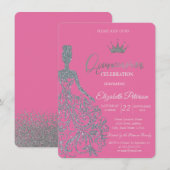 Invitation Fille Robe Pailletée Argent Chic Fuschia (Devant / Derrière)