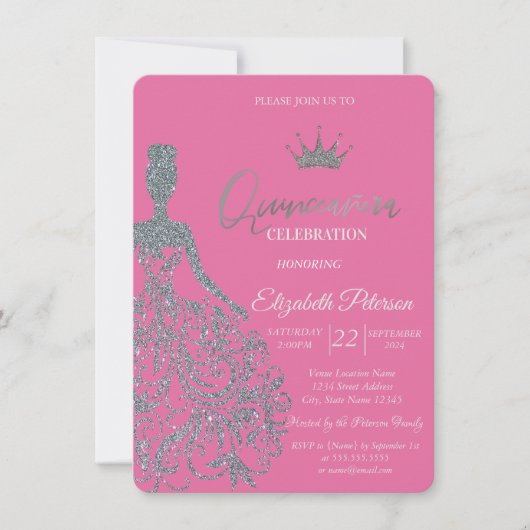 Invitation Fille Robe Pailletée Argent Chic Fuschia (Devant)