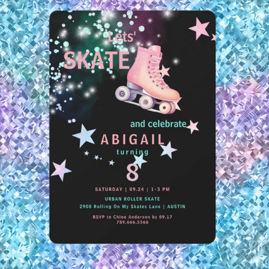 Invitation Fille Roller Patinage Noir Neon 8e fête d'annivers