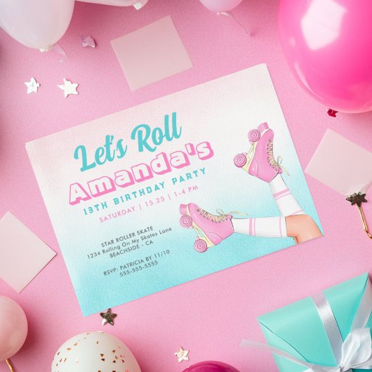 Invitation Fille Roller Patinage rose et bleu Anniversaire
