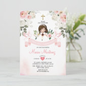 Invitation Fille rose 1ère Sainte Communion Croix d'or (Debout devant)