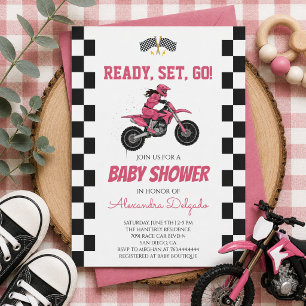 Invitation Fille Rose à Carreaux Fête de Bébé en Moto Cross