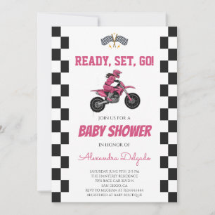 Invitation Fille Rose à Carreaux Fête de Bébé en Moto Cross