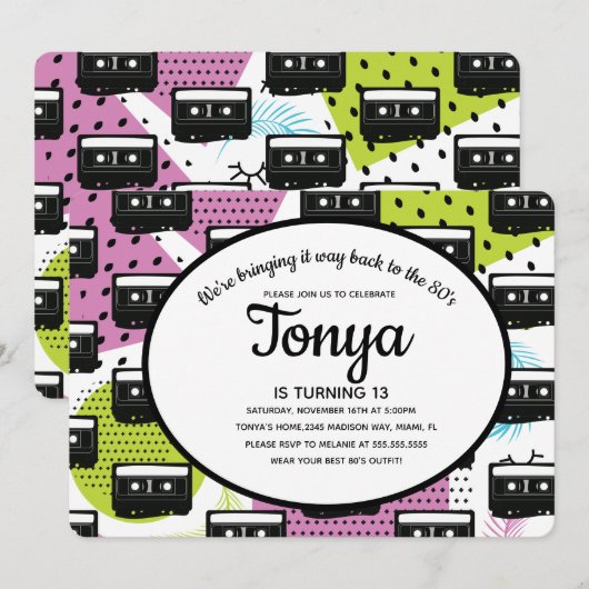 Invitation Fille Rose Années 80 90 Collage Cassette Rétro (Devant / Derrière)