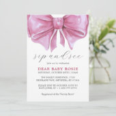 Invitation Fille rose Aquarelle Bow Baby shower Sip et voir (Debout devant)