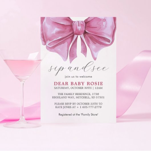 Invitation Fille rose Aquarelle Bow Baby shower Sip et voir