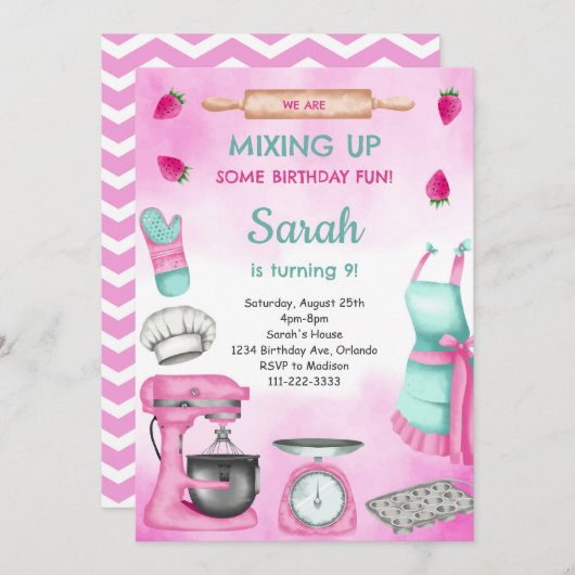 Invitation Fille rose Aquarelle Cuisson Anniversaire Invitati (Devant / Derrière)