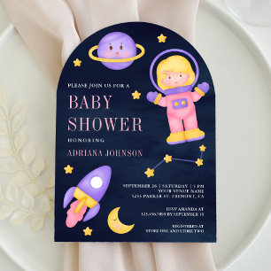 Invitation Fille Rose Astronaute de l'Espace Baby Shower Navy