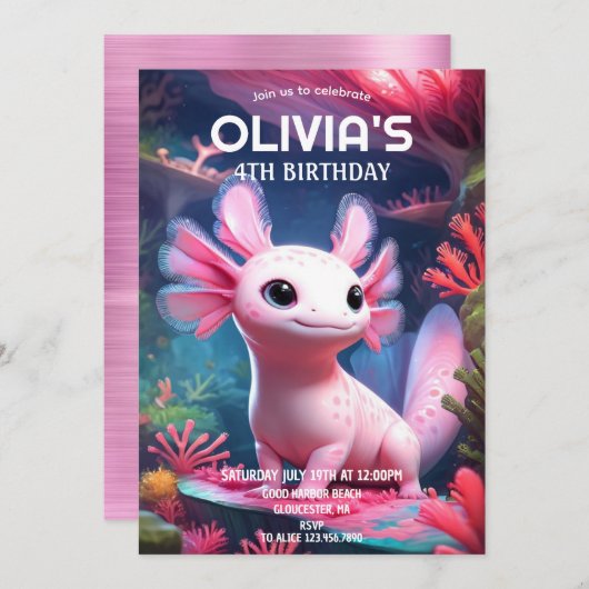 Invitation Fille rose Axolotl Anniversaire (Devant / Derrière)