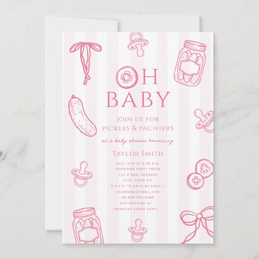 Invitation Fille Rose Baby Shower Pickles & Pacifiers (Devant)