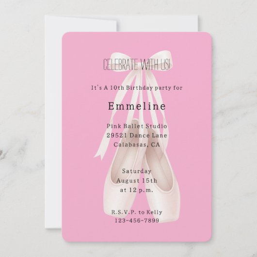 Invitation Fille rose Ballet Chaussures Bow Anniversaire (Devant)