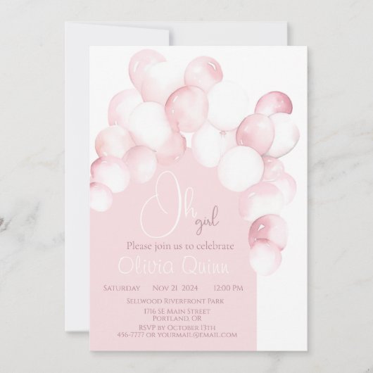 Invitation Fille rose ballons arche Baby shower (Devant)