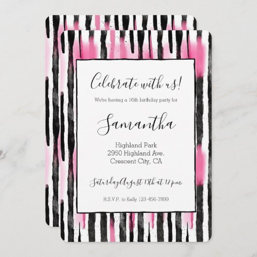 Invitation Fille rose blanc noir Zèbre rayures (Devant / Derrière)