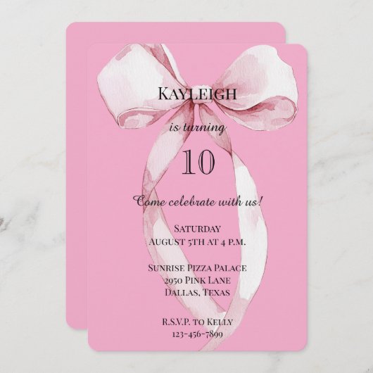 Invitation Fille rose Bow Anniversaire (Devant / Derrière)