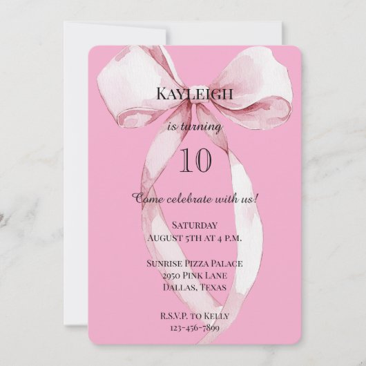 Invitation Fille rose Bow Anniversaire (Devant)