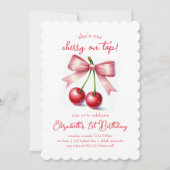 Invitation Fille rose Coquette rouge Cherry Premier anniversa (Devant)