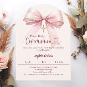Invitation Fille rose crème arc Première Communion