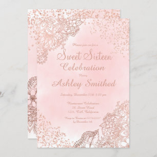 Invitation Fille rose de parties scintillant florale d'or con