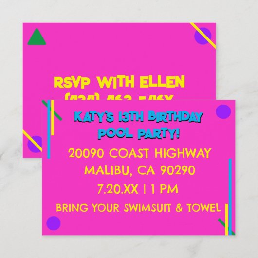 Invitation Fille rose des années 80 Retro 13e anniversaire de (Devant / Derrière)