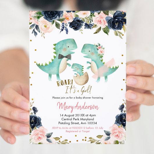 Invitation Fille rose Dinosaure Tropical Baby shower Roar Inv