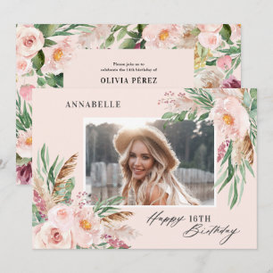 Invitation Fille rose élégant moderne photo anniversaire