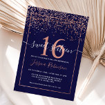Invitation Fille rose en or confetti marine bleu chic Sweet 1<br><div class="desc">Un confetti en feuille d'or rose girly,  élégant et chic et bordure géométrique Sweet 16 anniversaire invitation,  sur un arrière - plan bleu marine éditable et une police de script moderne élégante,  c'est parfait pour élégante fête de fille.,  ajoutez votre photo à l'arrière</div>