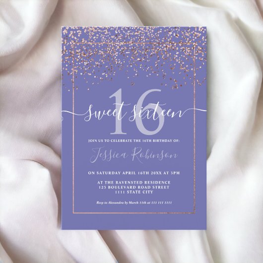 Invitation Fille rose en or confetti violet bleu chic Sweet 1