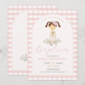 Invitation Fille rose En vichy Fleur sauvage Christening Bapt (Devant / Derrière)