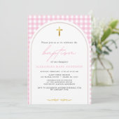 Invitation Fille rose en vichy moderne minimaliste baptême (Debout devant)