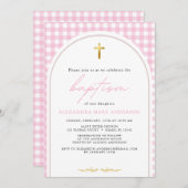 Invitation Fille rose en vichy moderne minimaliste baptême (Devant / Derrière)