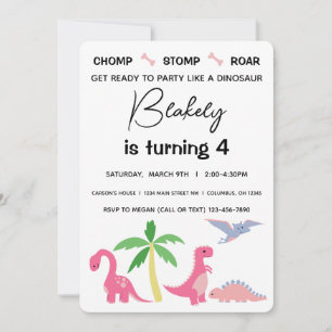 Invitation Fille Rose et Bleue Anniversaire Dinosaure