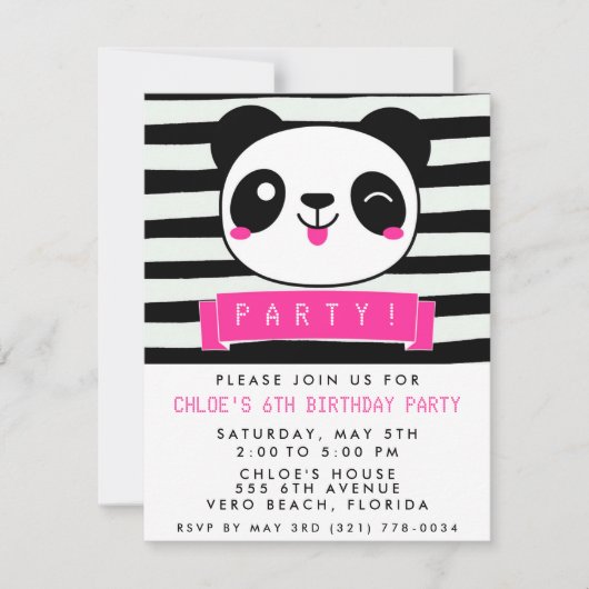 Invitation Fille rose et noir Joyeux Panda fête d'anniversair (Devant)