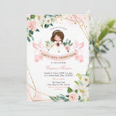 Invitation Fille rose et or Floral Première Communion sainte (Debout devant)