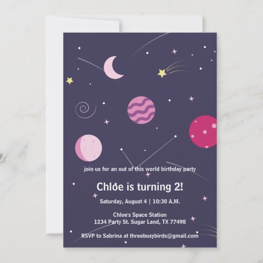 Invitation Fille rose et violet Space Moon Anniversaire (Devant)