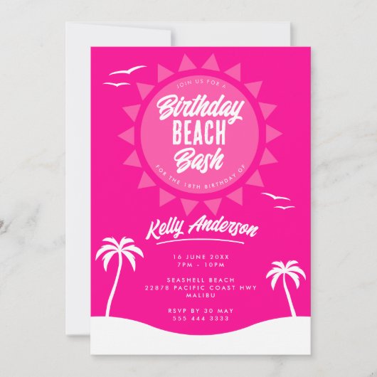Invitation Fille rose été 18e anniversaire Beach Party (Devant)