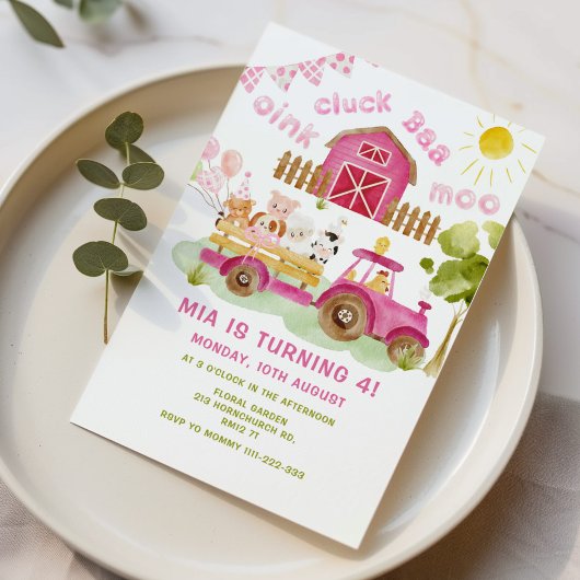 Invitation Fille rose Fête des animaux de ferme 4 ans